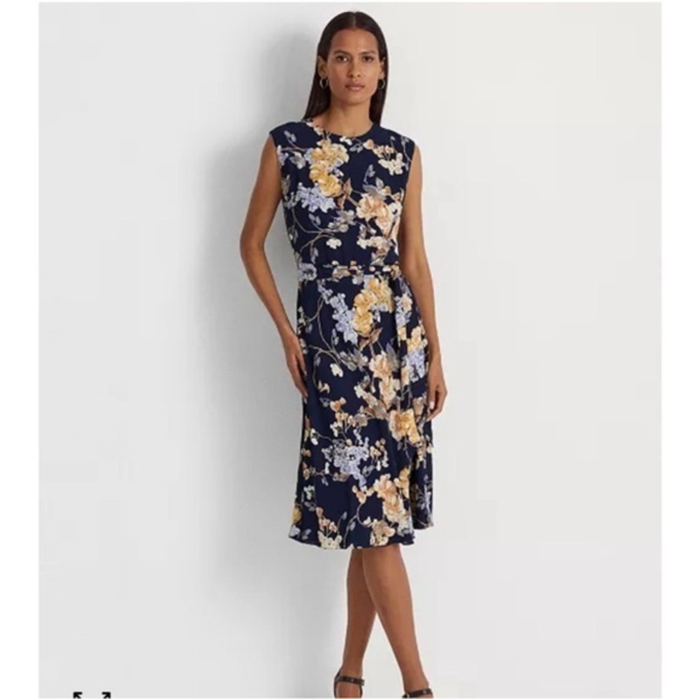 Ralph Lauren Navy Floral Sleeveless Belted Bubble Crepe Dress size 8